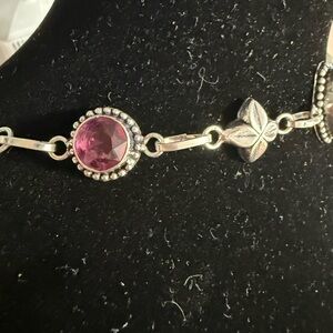 Elegant sterling Silver clover inspired and Pink crystal & Amethyst bracelet